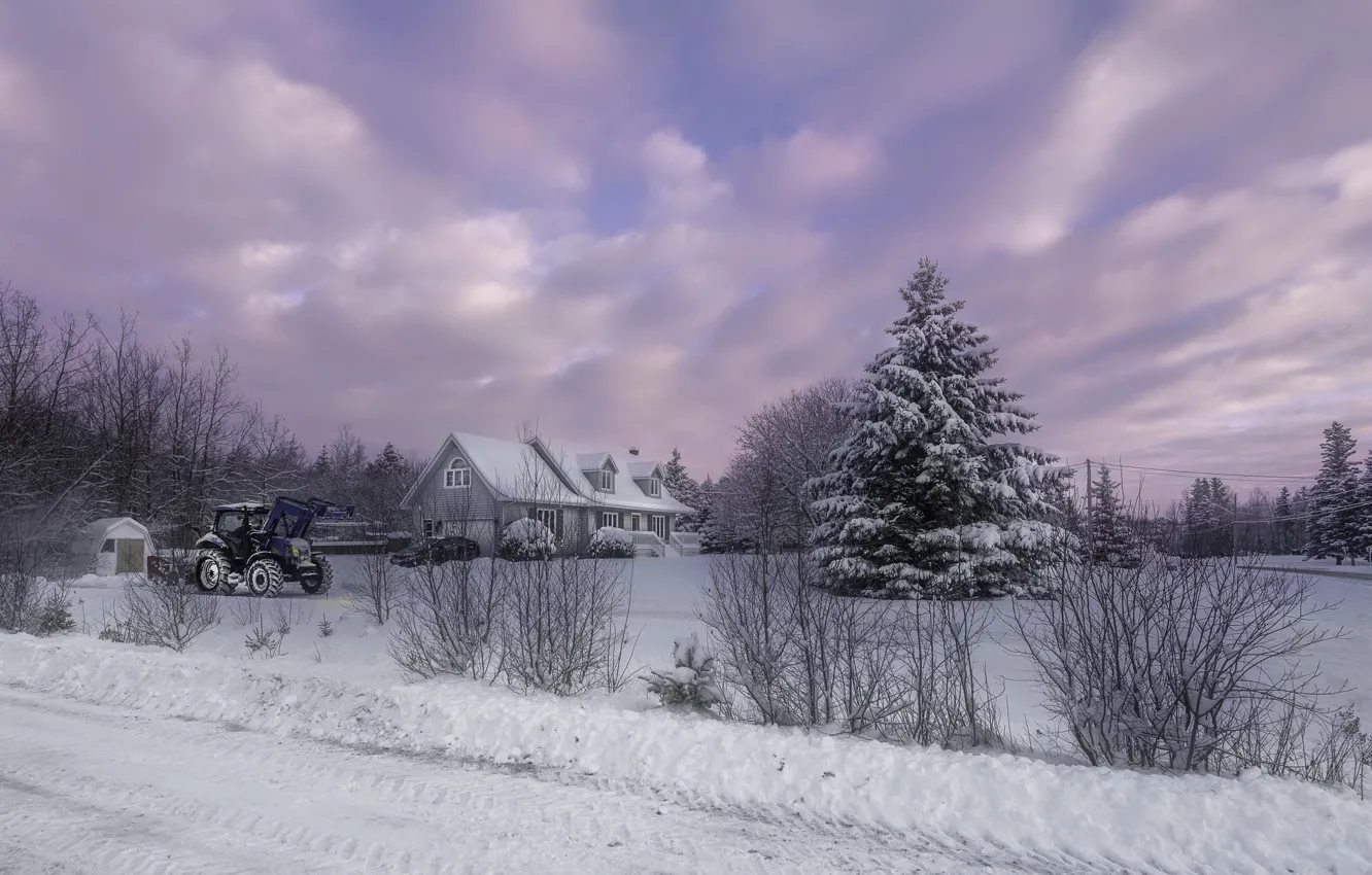 Фото обои зима, дом, трактор