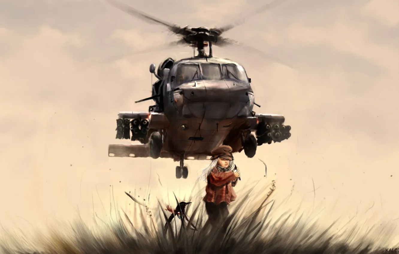 Фото обои трава, рисунок, вертолет, девочка, пингвин