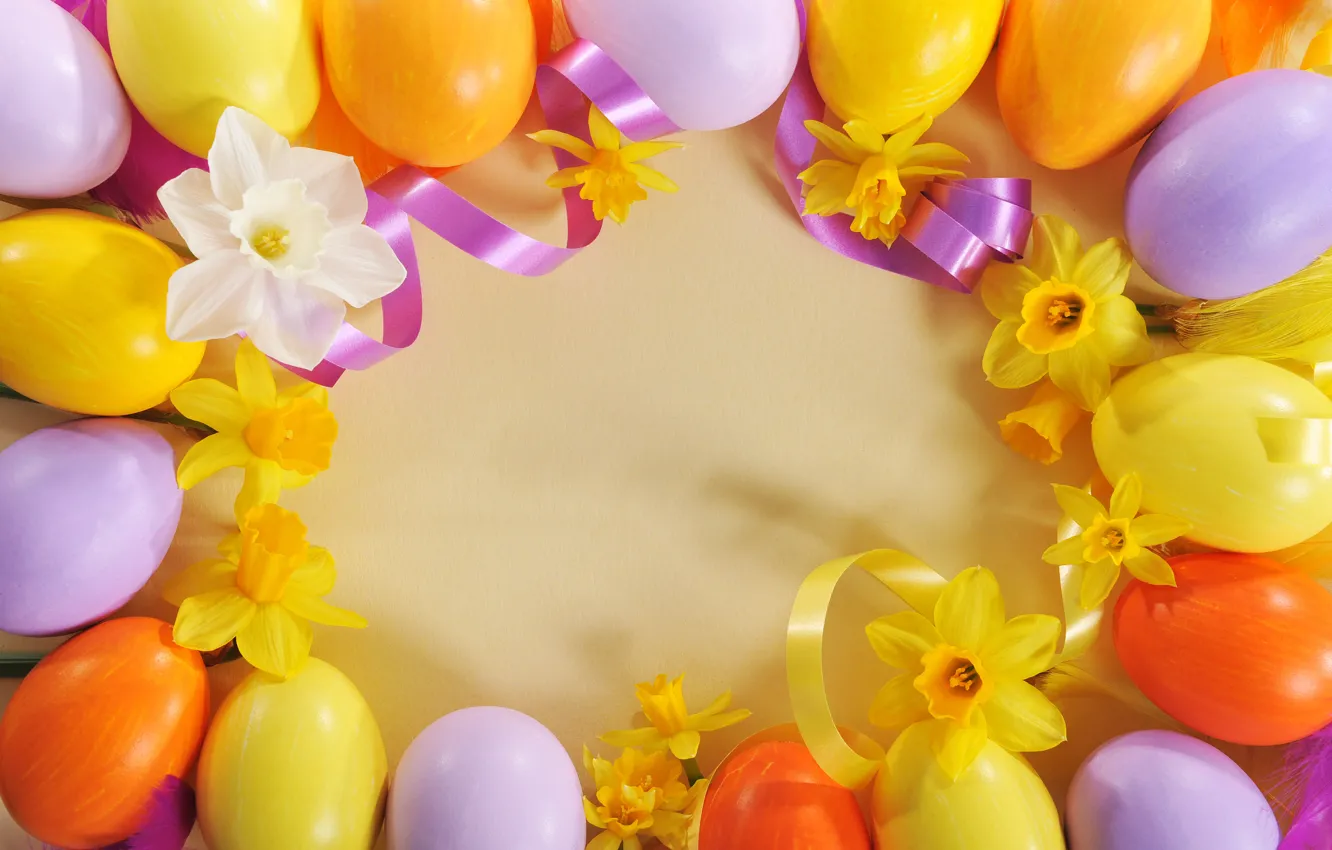 Фото обои цветы, яйца, Пасха, лента, flowers, нарциссы, spring, Easter