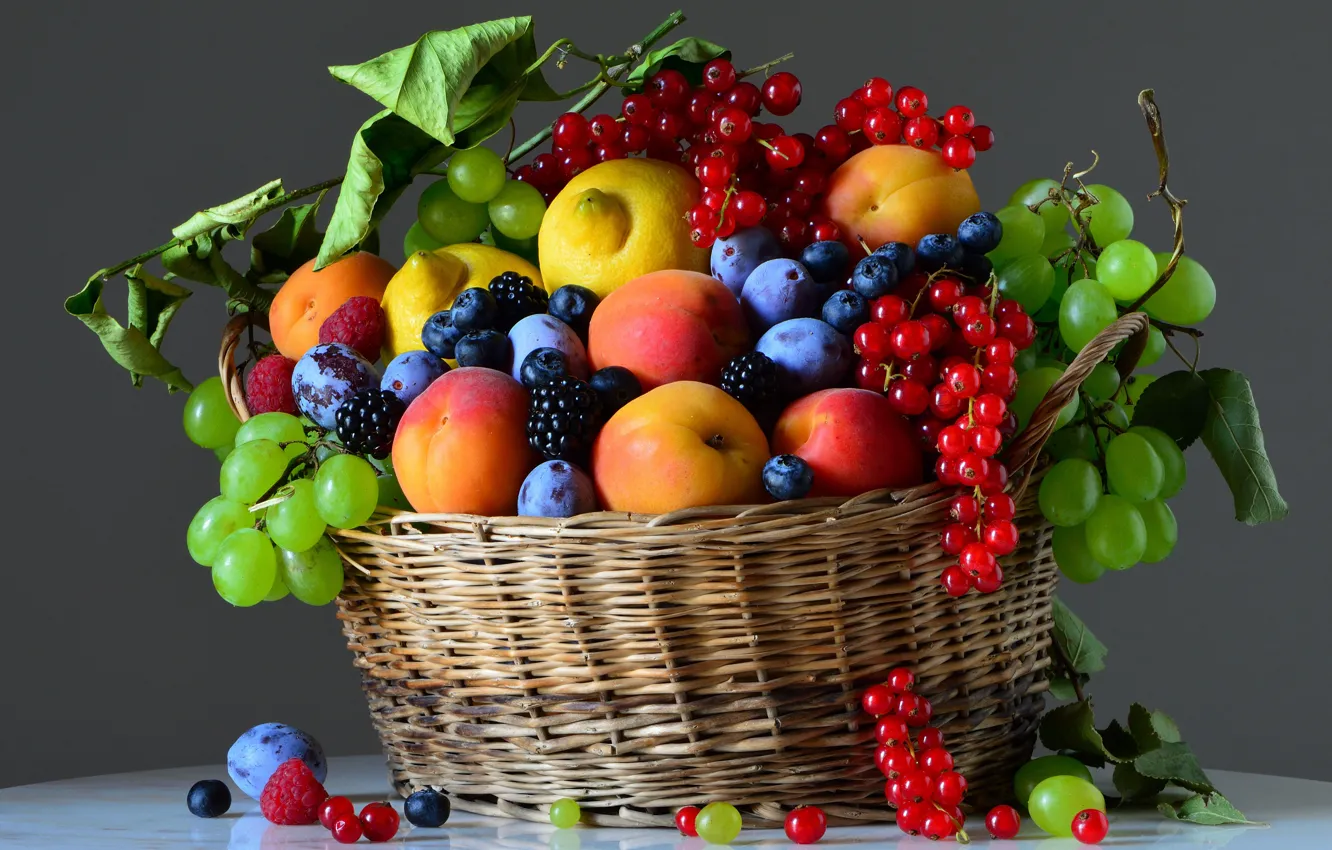 Фото обои корзина, еда, фрукты, натюрморт, много, разные, композиция, ассорти