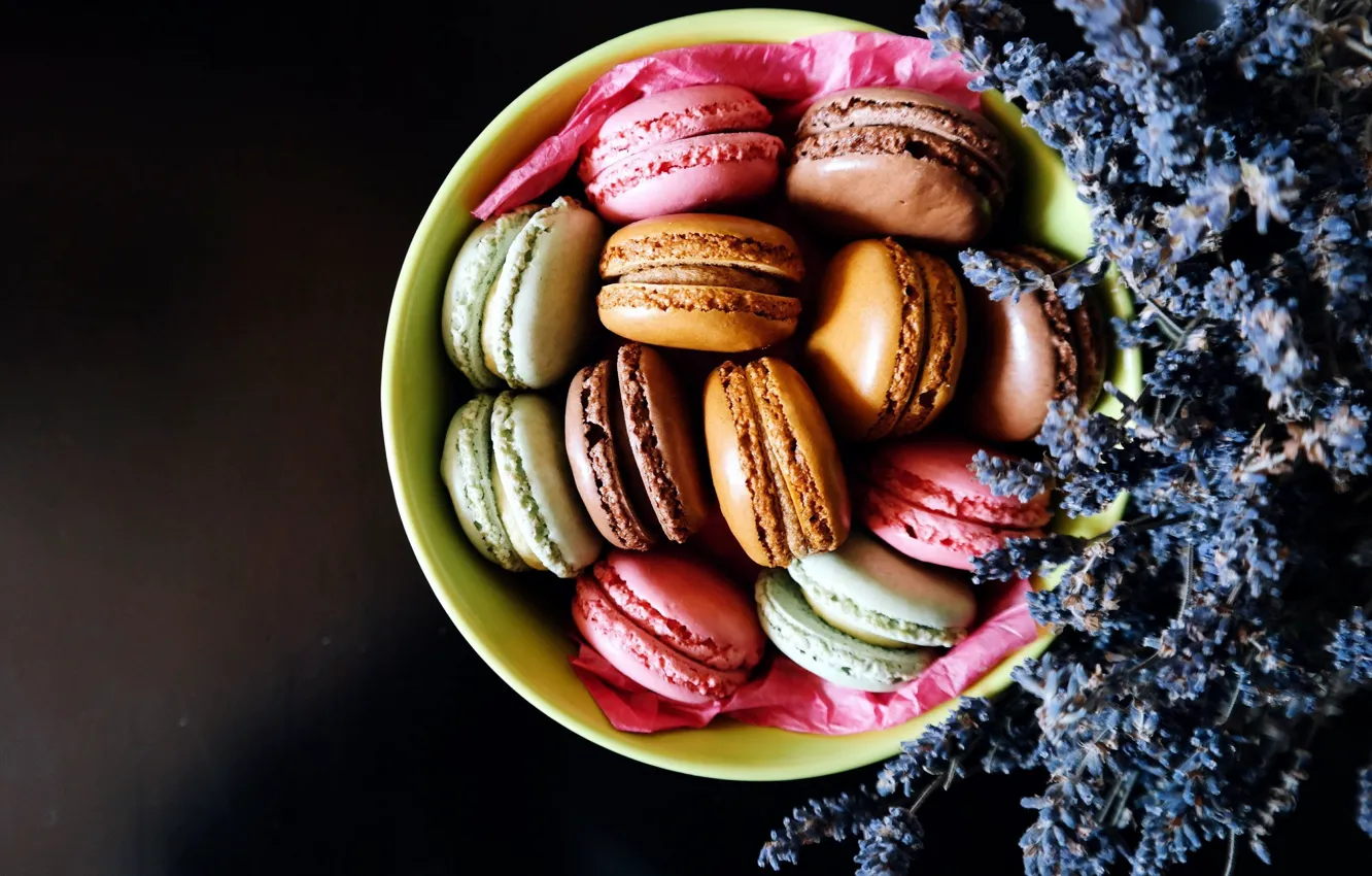 Фото обои еда, печенье, тарелка, лаванда, macaron