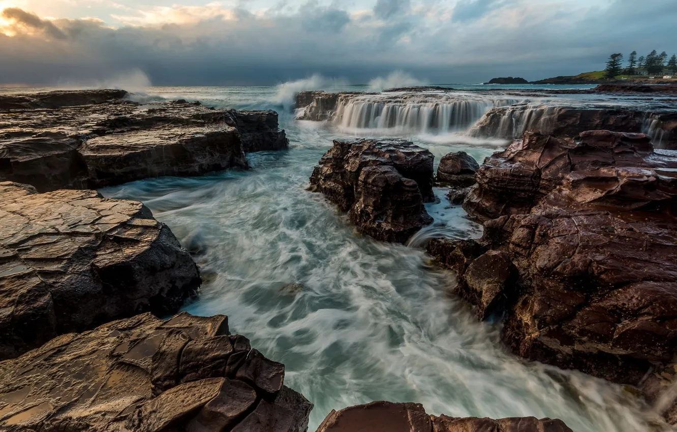 Фото обои sea, landscape, waterfall, fall
