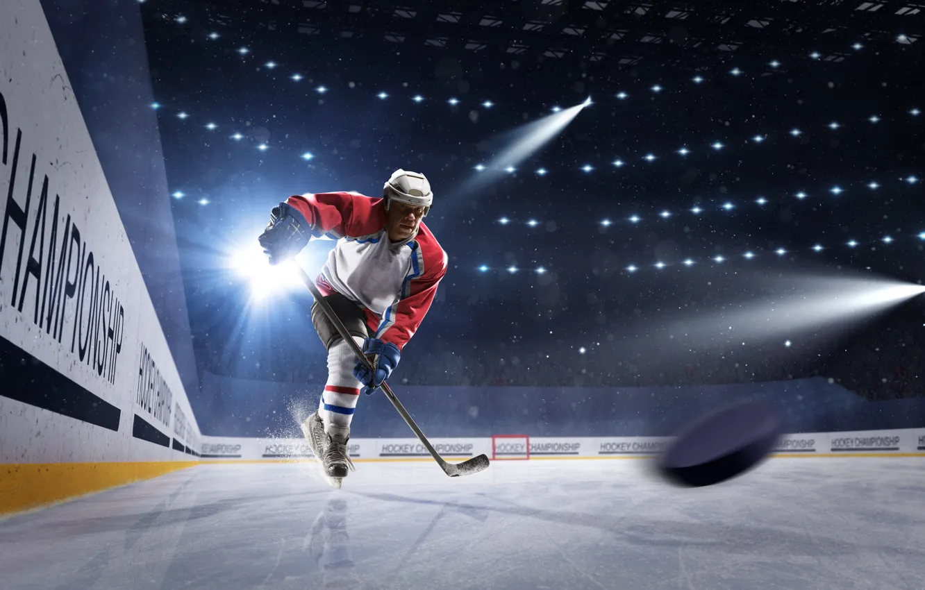 Фото обои свет, спорт, лёд, перчатки, шлем, спортсмен, мужчина, клюшка