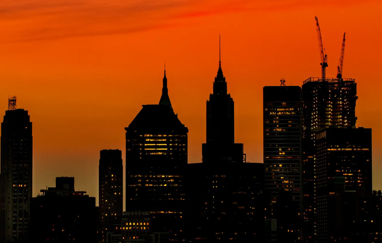 Фото обои небоскреб, дома, Нью-Йорк, силуэт, США, Манхэттен