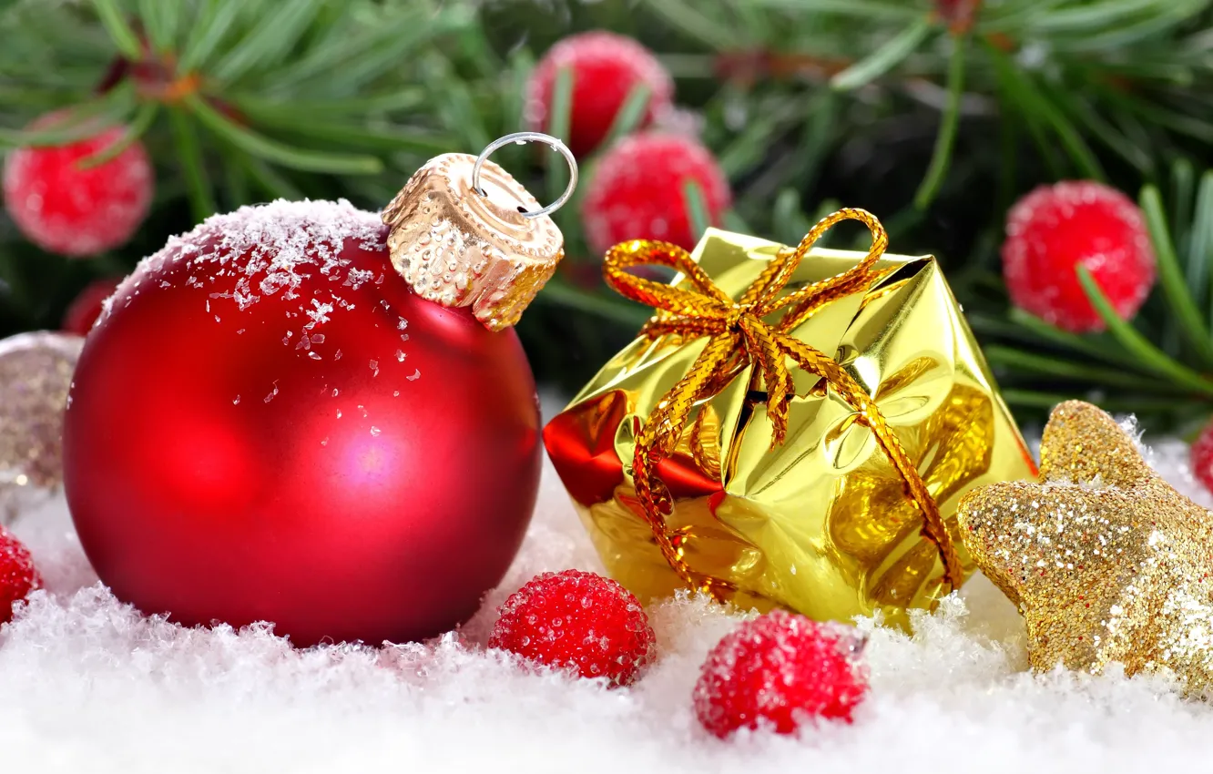 Фото обои зима, праздник, подарок, шарик, украшение