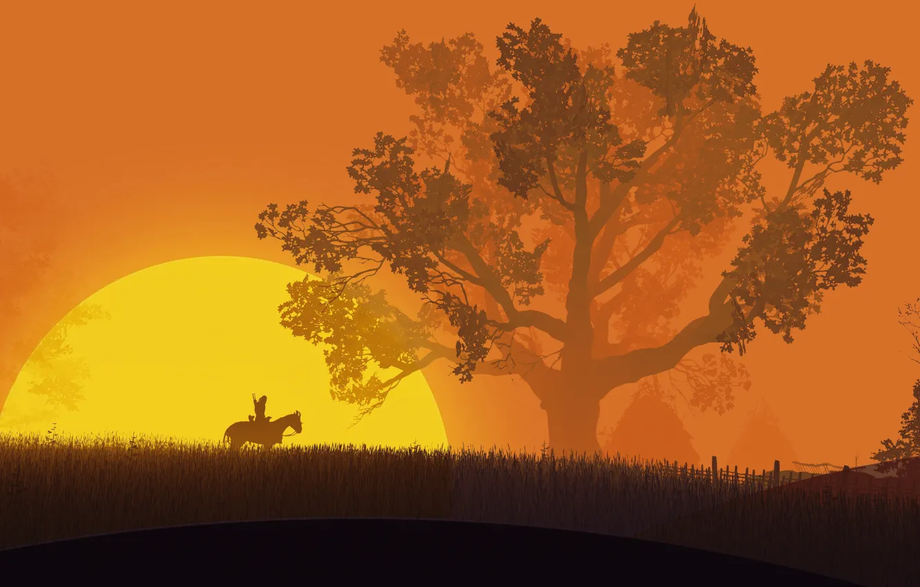 Фото обои fantasy, game, The Witcher, field, weapon, tree, sun, horse