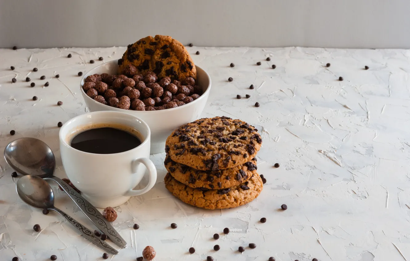 Фото обои шарики, кофе, завтрак, печенье, мед, ложки