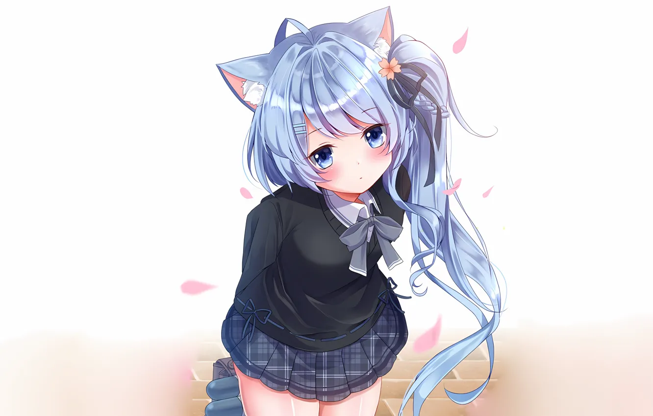 Фото обои girl, school uniform, long hair, animal ears, anime, blue eyes, beautiful, pretty