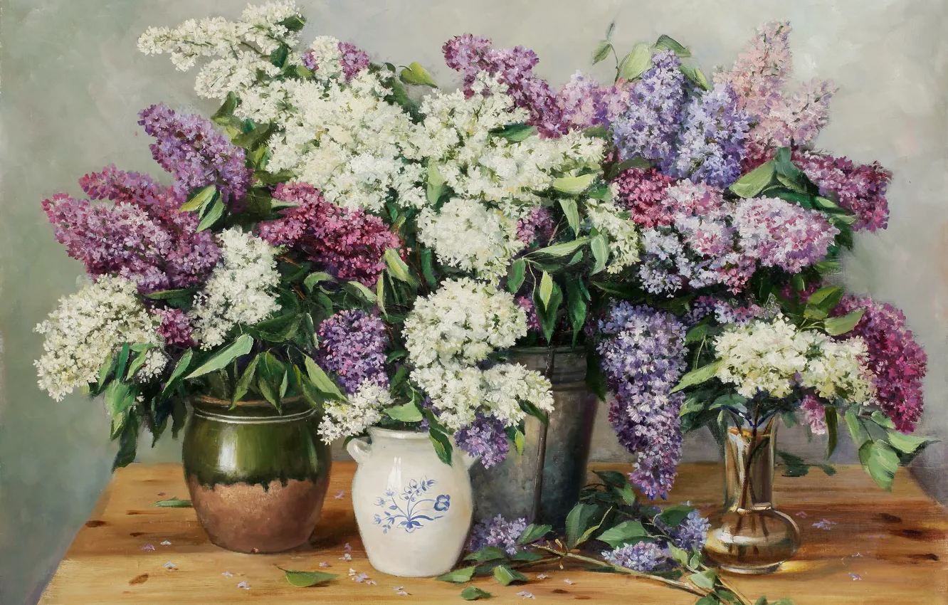 Фото обои картина, арт, ваза, сирень, Vjeteslav Kliuchnikov