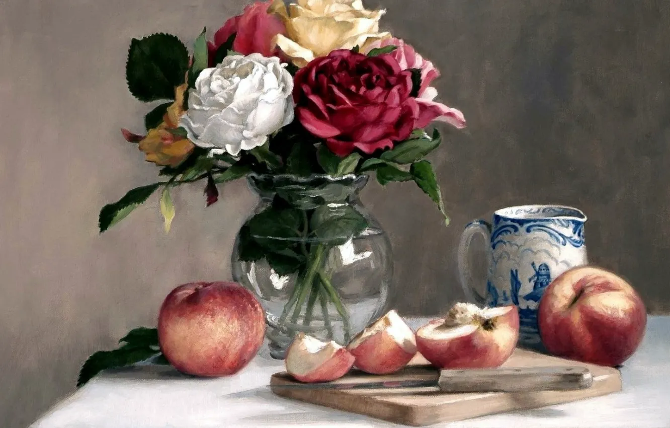 Фото обои яблоки, картина, натюрморт, ваза с цветами