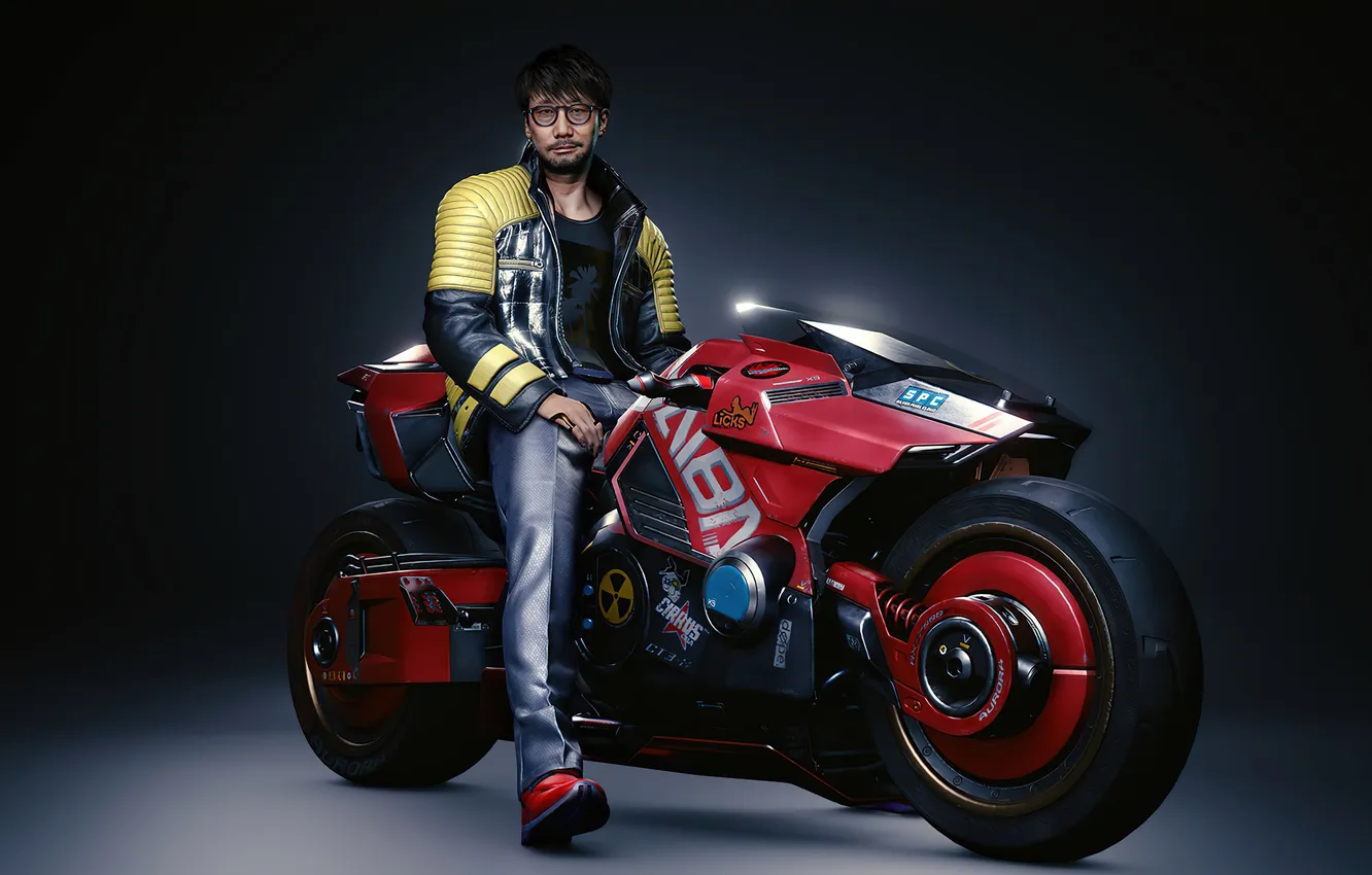 Фото обои Очки, Куртка, Cyberpunk 2077, Motocycle, 4k, Киберпанк 2077, Кодзима, Гений