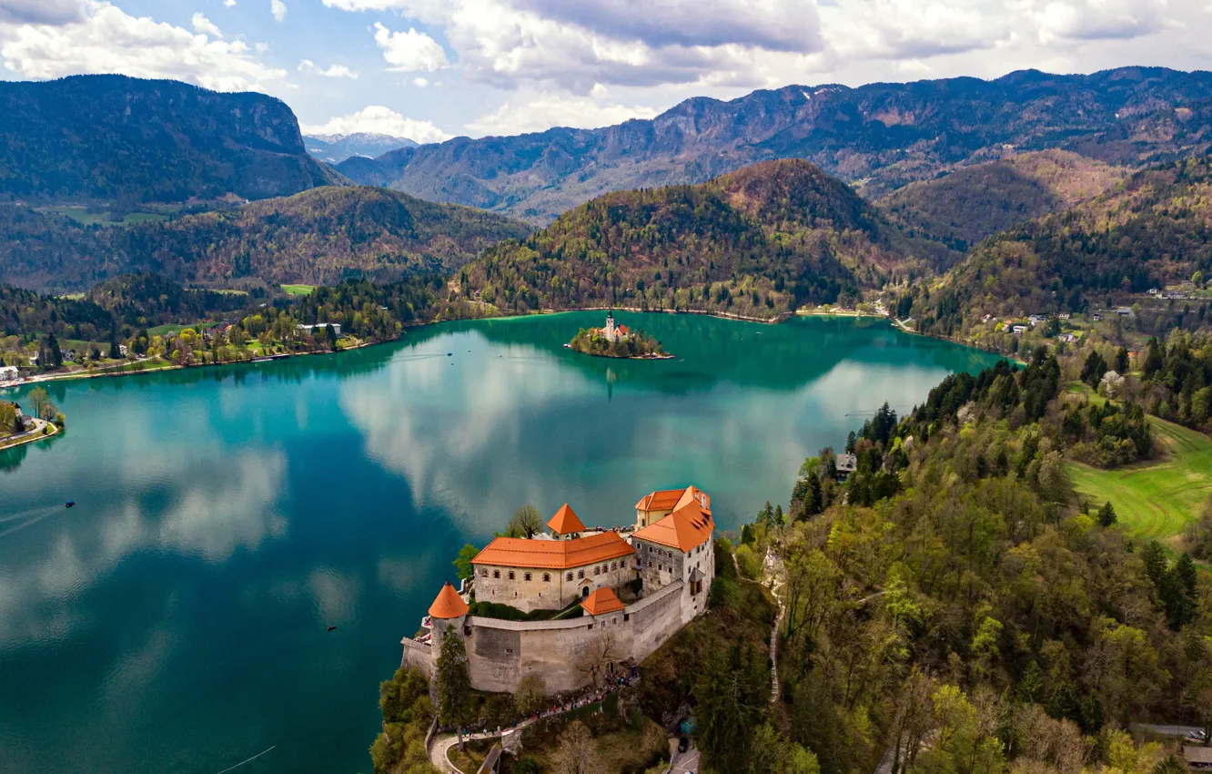 Фото обои лес, горы, озеро, замок, остров, Словения, Lake Bled, Slovenia