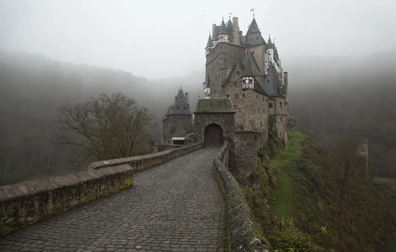 Фото обои дорога, Туман, Германия, Замок, Eltz Castle, Замок Эльц