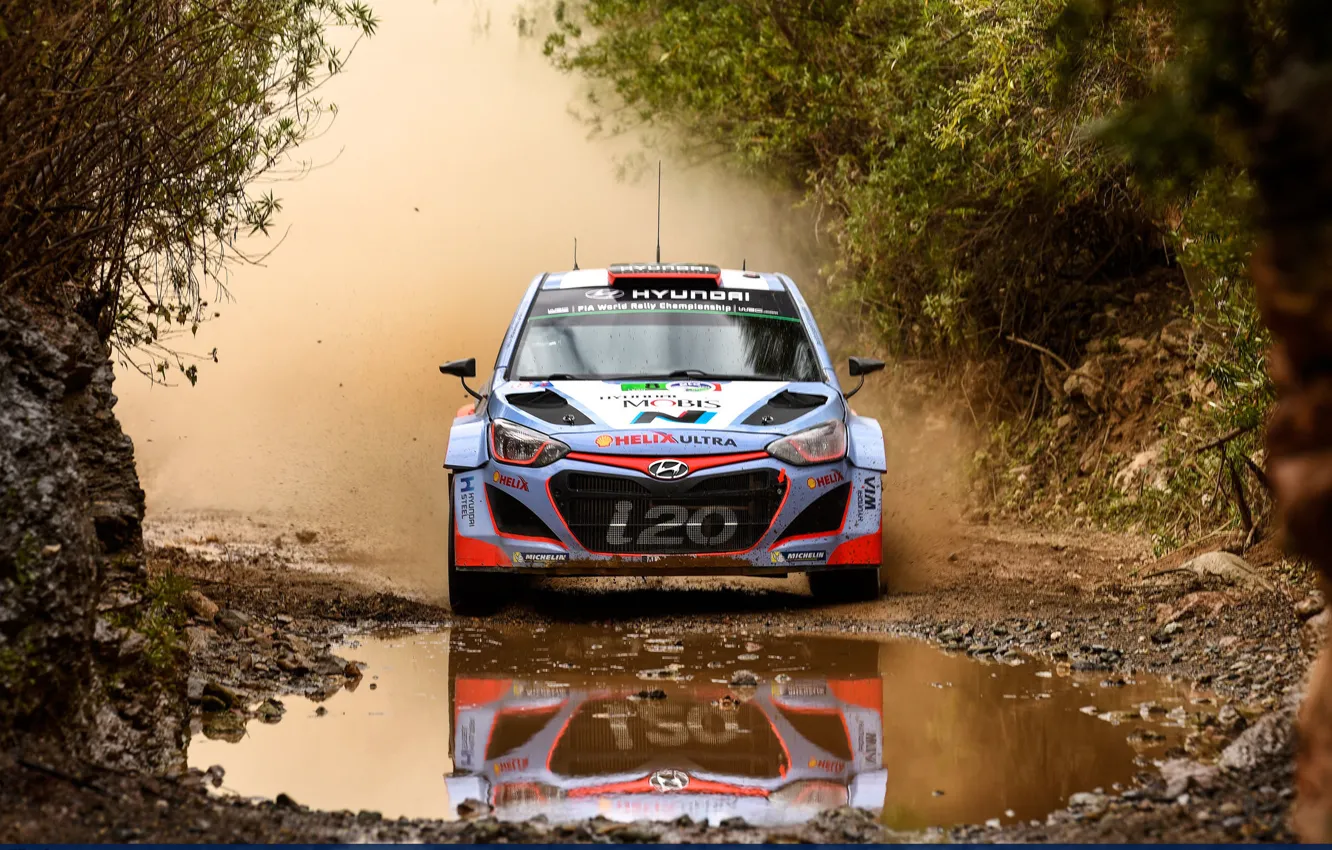 Фото обои Вода, Отражение, Пыль, Hyundai, WRC, Rally, i20, Брод