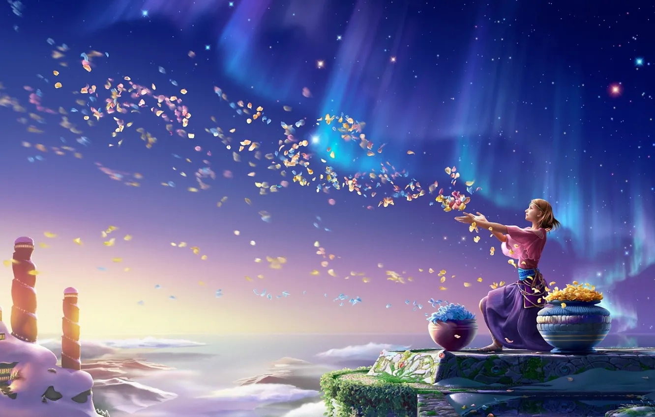 Фото обои небо, девушка, цветы, северное сияние, лепестки, арт, kagaya