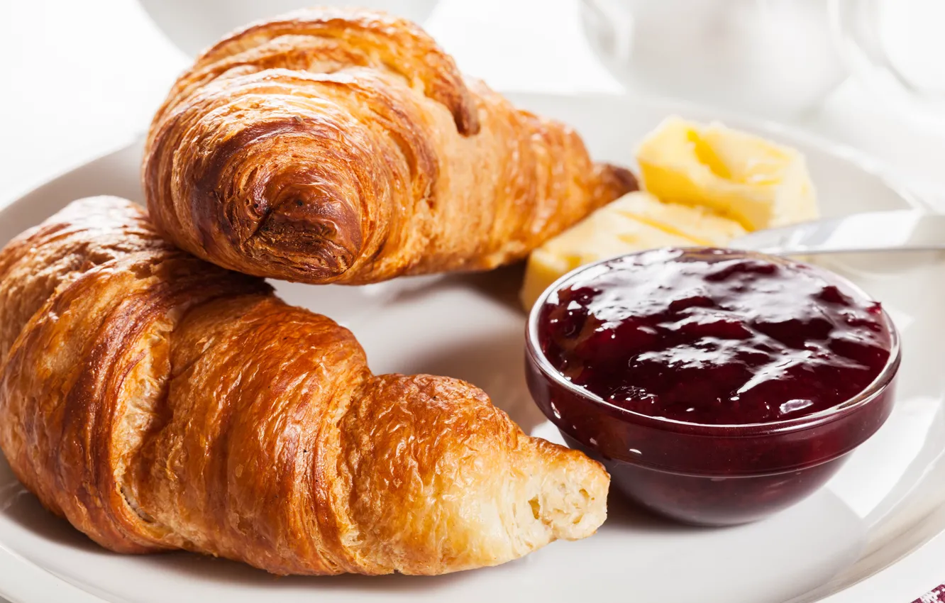 Фото обои завтрак, выпечка, джем, berries, croissant, breakfast, круассан, jam