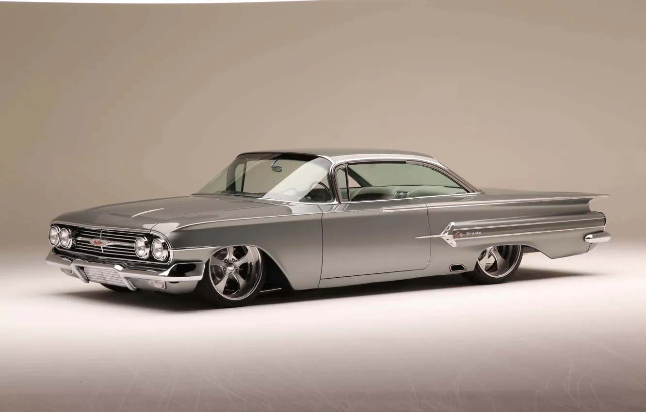 Фото обои Chevrolet, 1960, Front, Chevy, Grey, Side, Impala, Lowrider