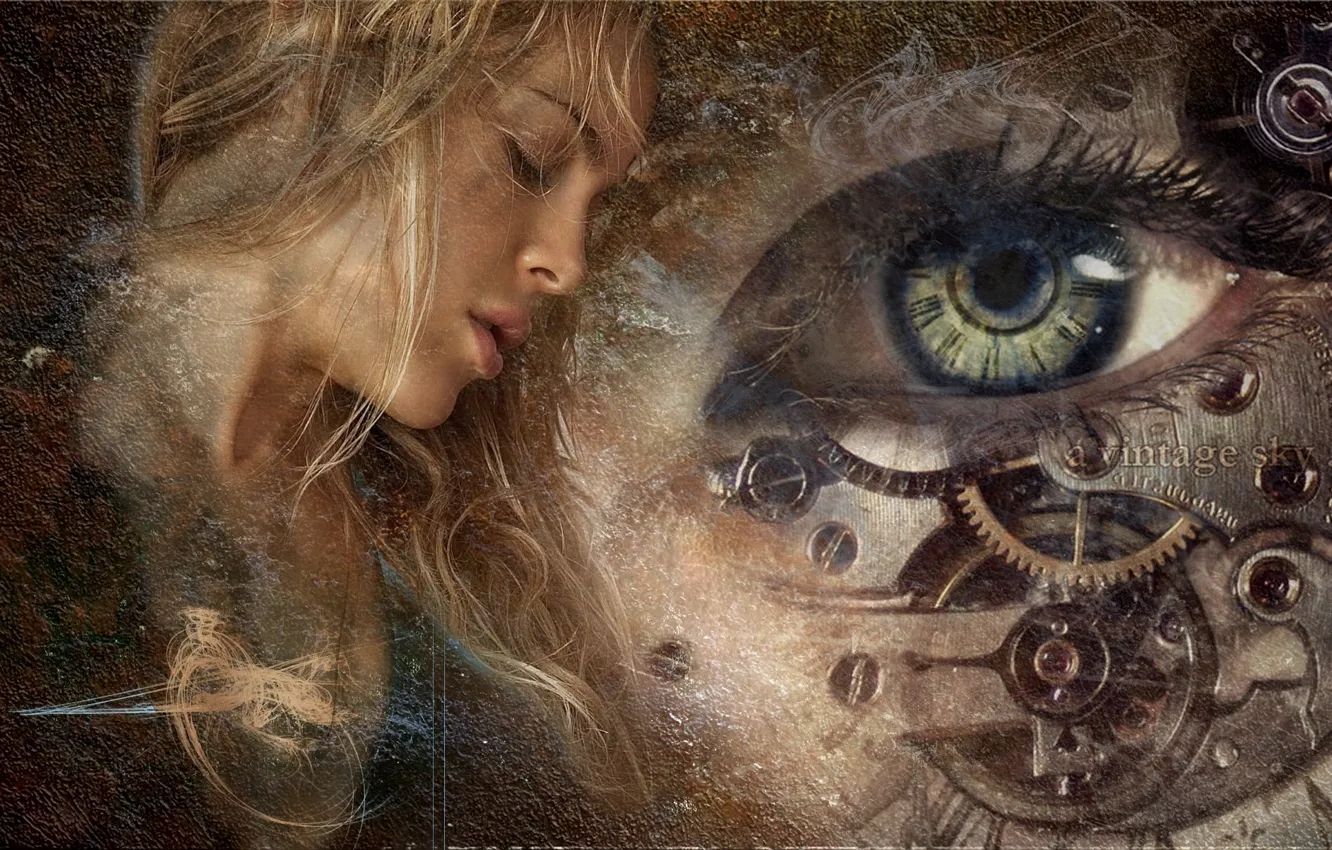 Фото обои девушка, глаз, часы, механизм, текстура