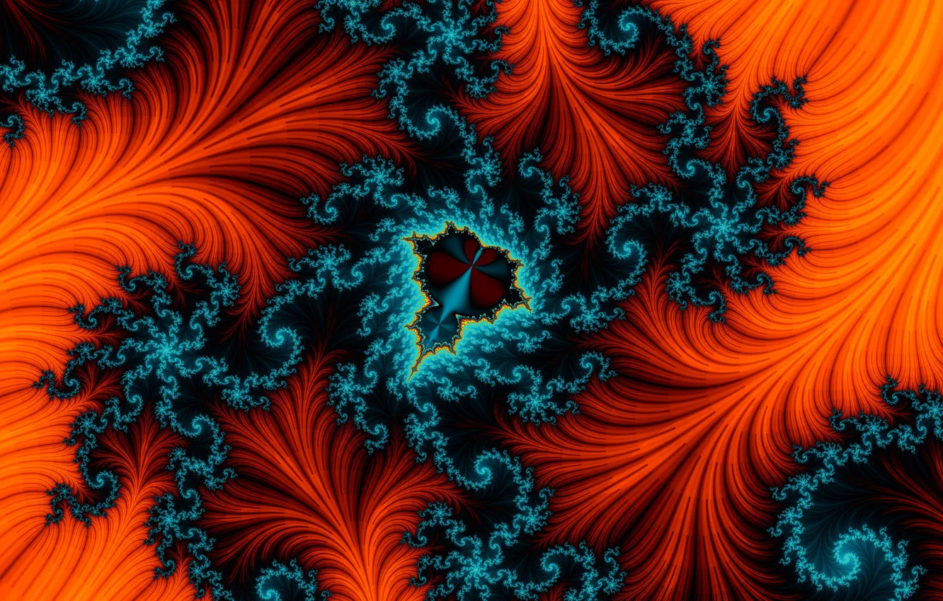 Фото обои оранжевый, абстракция, голубой, узор, спираль, перья, контраст, фрактал