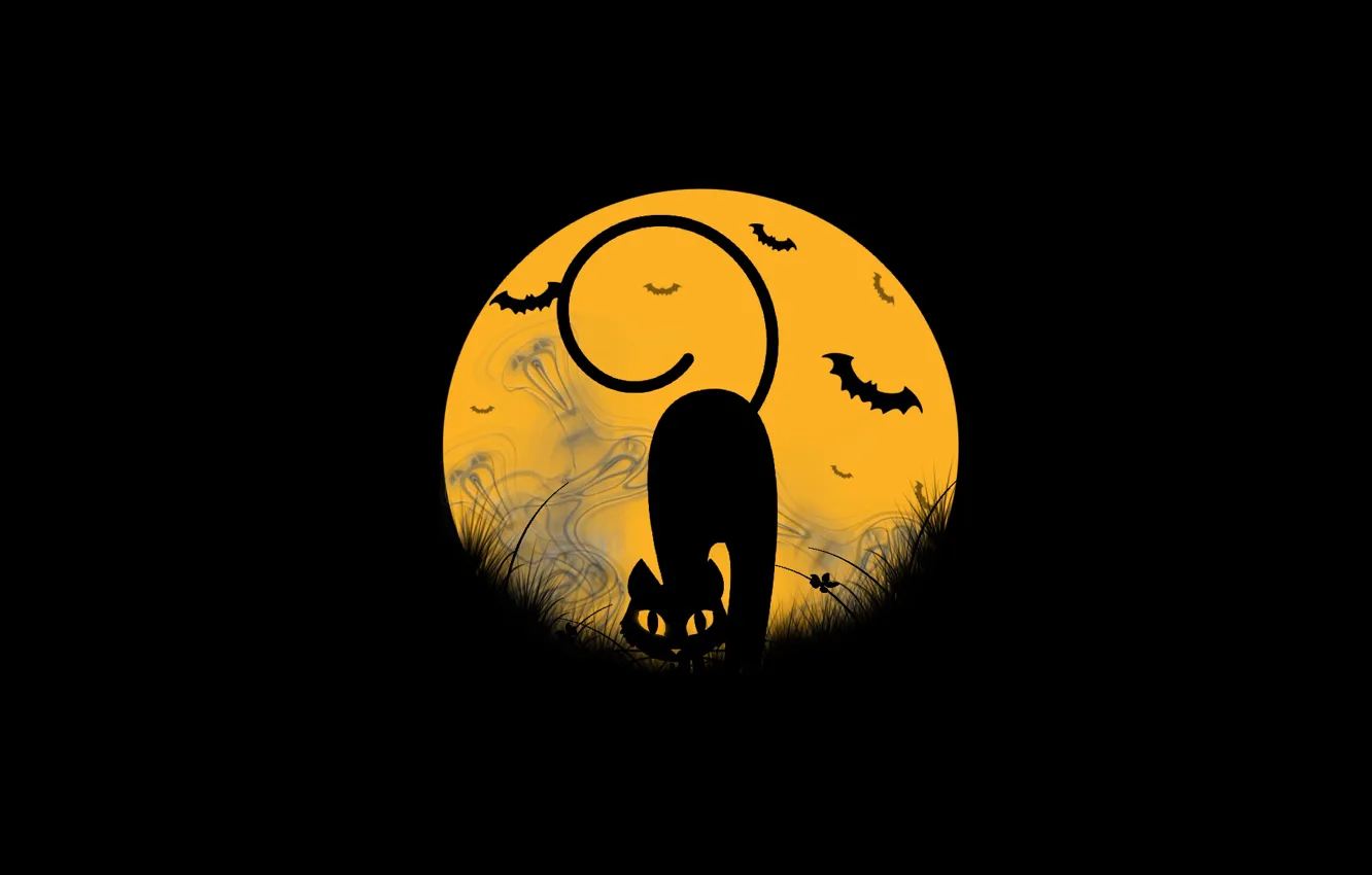 Фото обои кошка, луна, призраки, хэллоуин, мыши