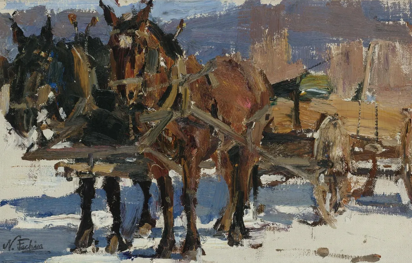 Фото обои картина, лошади, Повозка, Николай Фешин, Nicolai Fechin