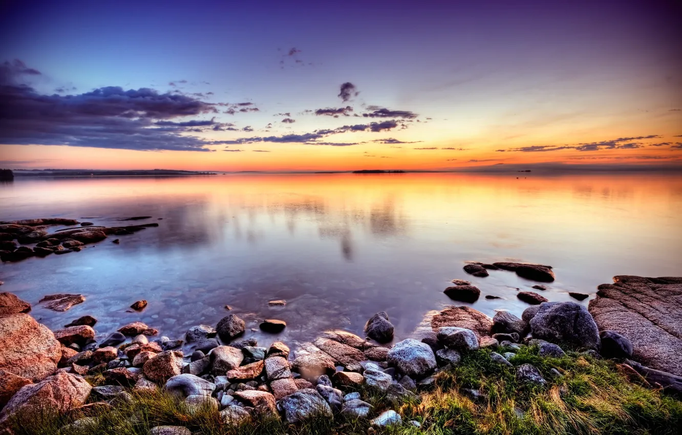 Фото обои закат, озеро, камни, берег