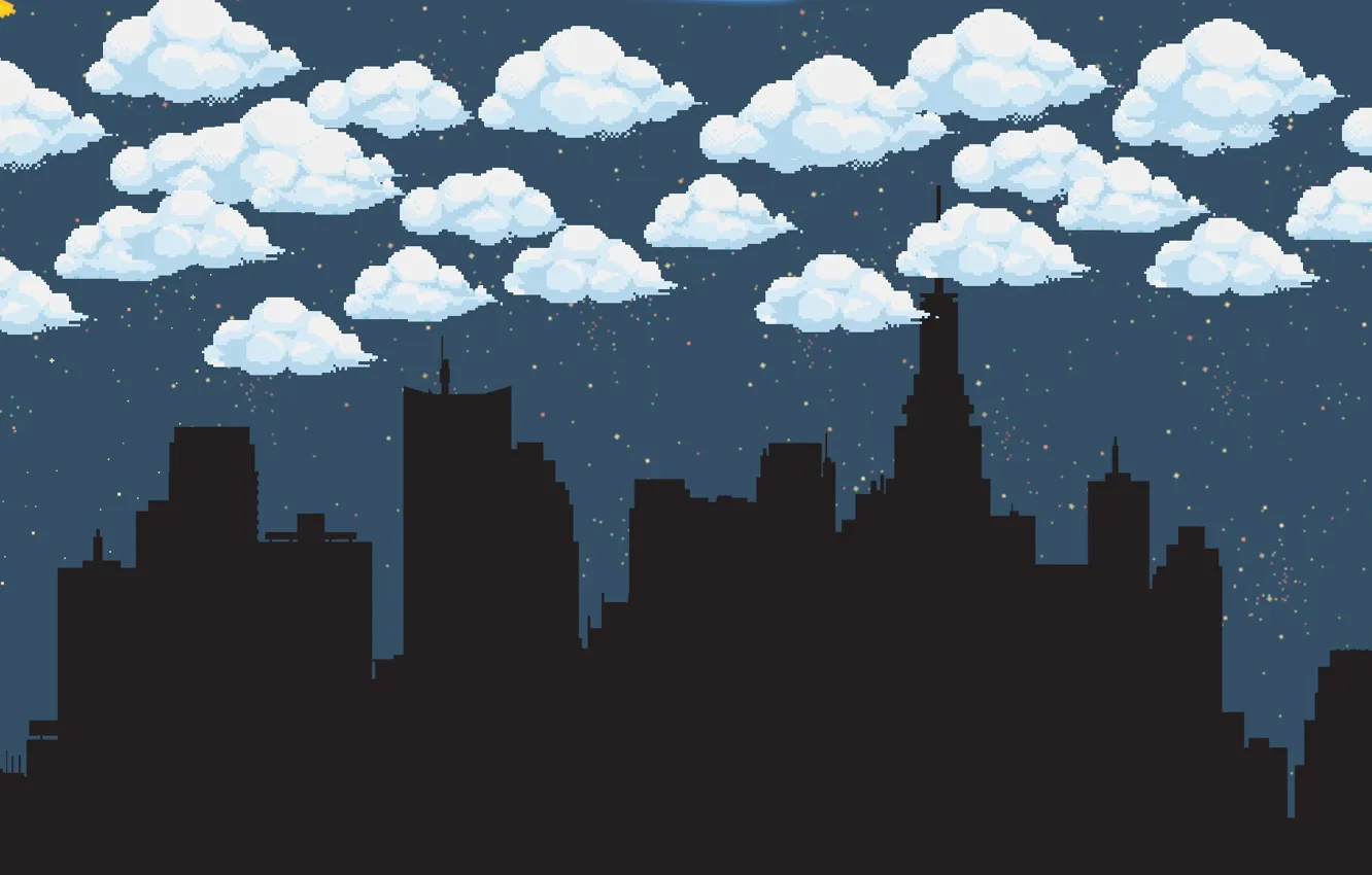 Фото обои Облака, Ночь, Город, Fantasy, Sky, Пиксели, Night, Pixel