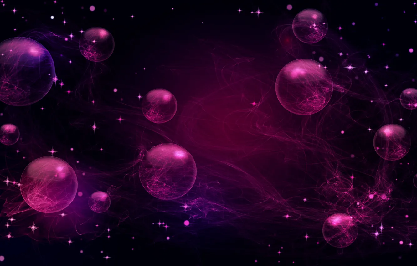 Фото обои фиолетовый, космос, звезды, шарики, линии, ночь, темнота, сияние
