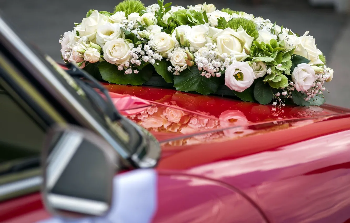 Фото обои машина, цветы, Капот