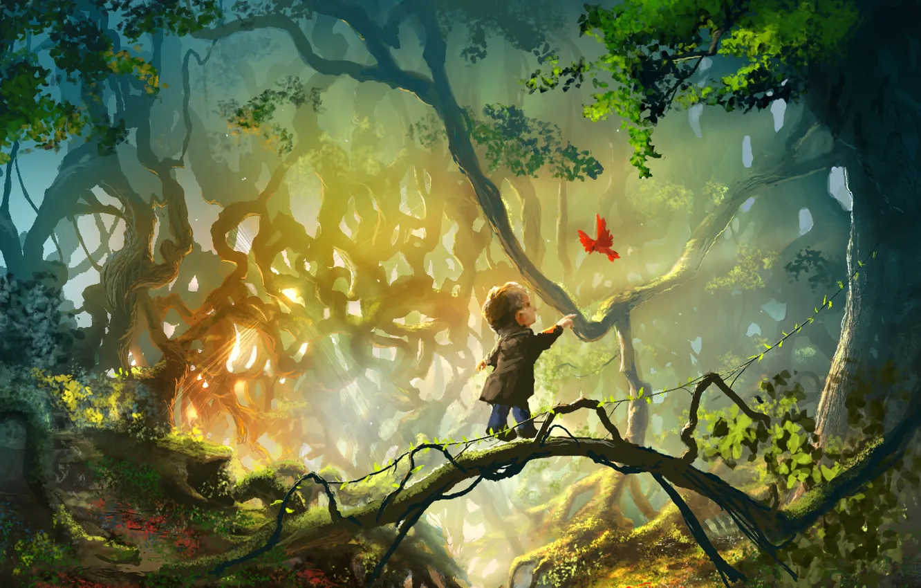 Фото обои лес, листья, деревья, арт, птичка, ребёнок