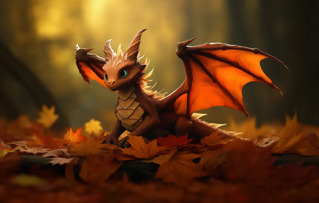 Фото обои horns, wings, leaves, orange, dragon, baby, digital art, fall