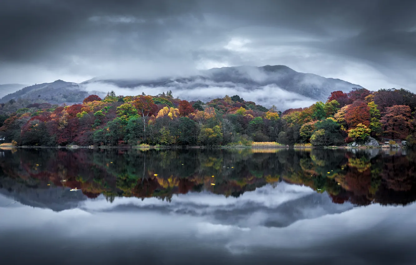 Фото обои autumn, clouds, lake, hill