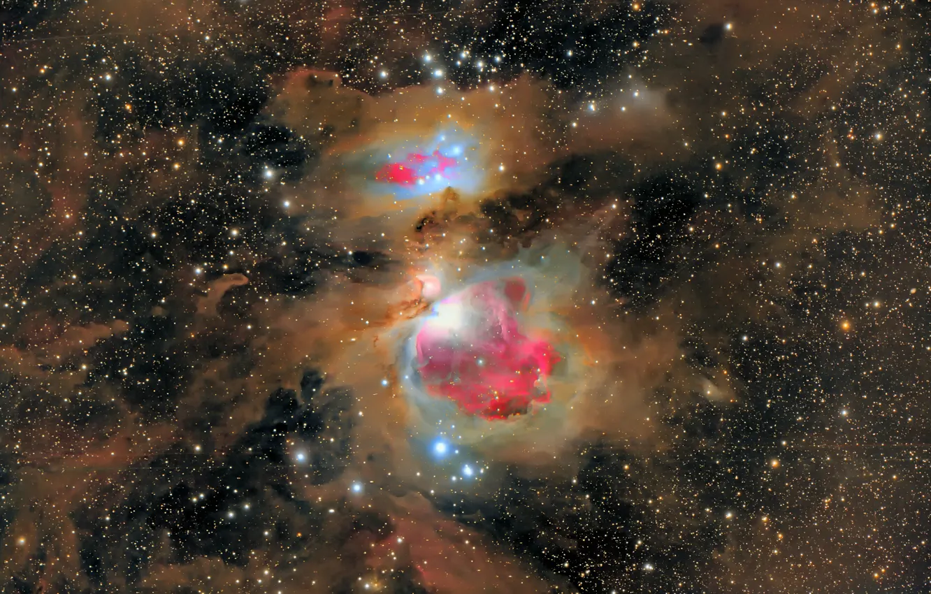 Фото обои туманность, пыль, созвездие, Орион, M42, звёздное скопление, M43, Трапеция