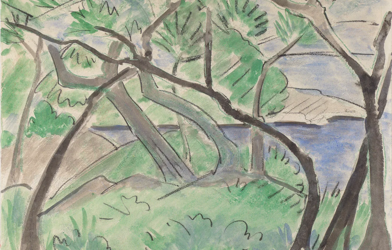 Фото обои трава, деревья, речка, Landschaft, 1924, Экспрессионизм, Otto Mueller, Dalmatinische