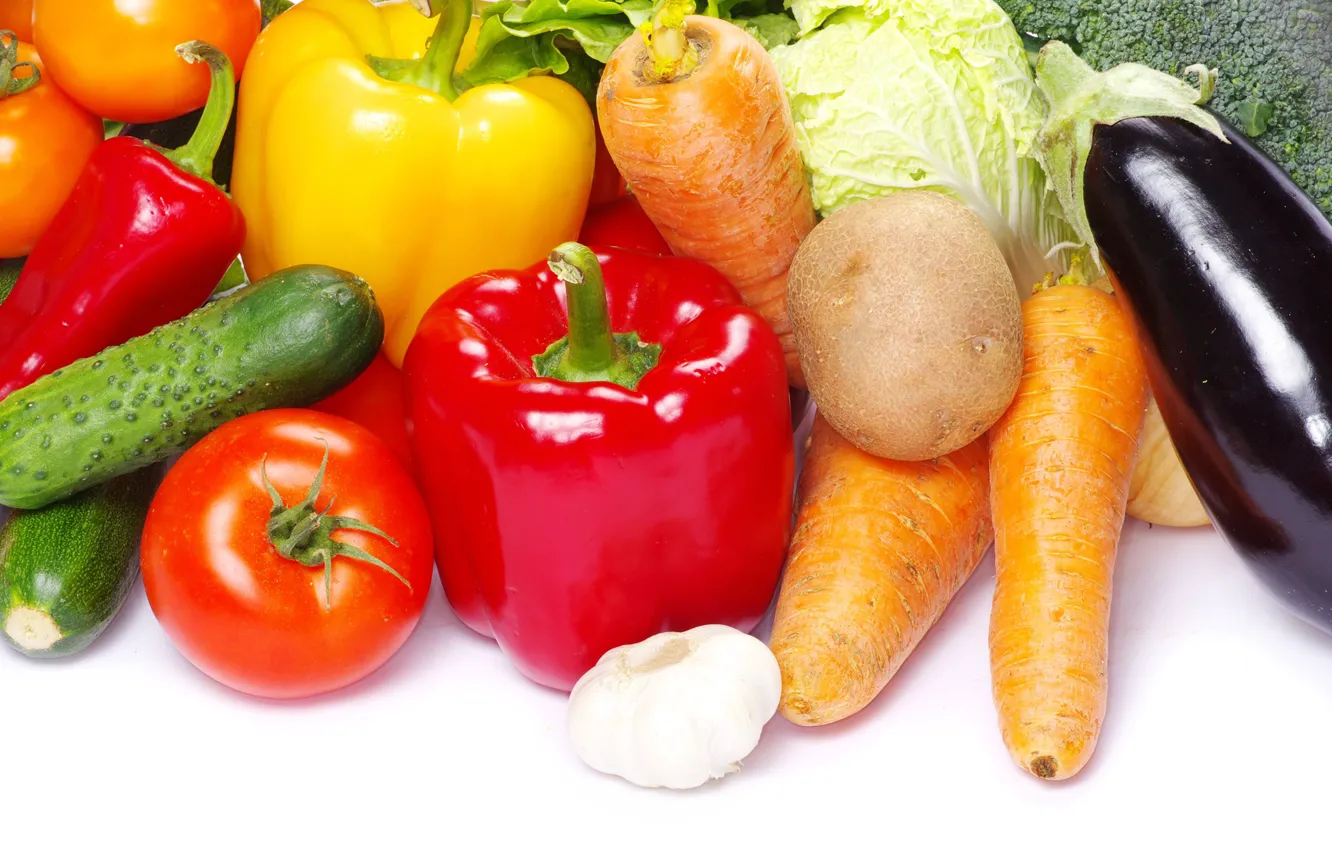 Фото обои огурец, перец, овощи, томат, капуста, чеснок, картофель