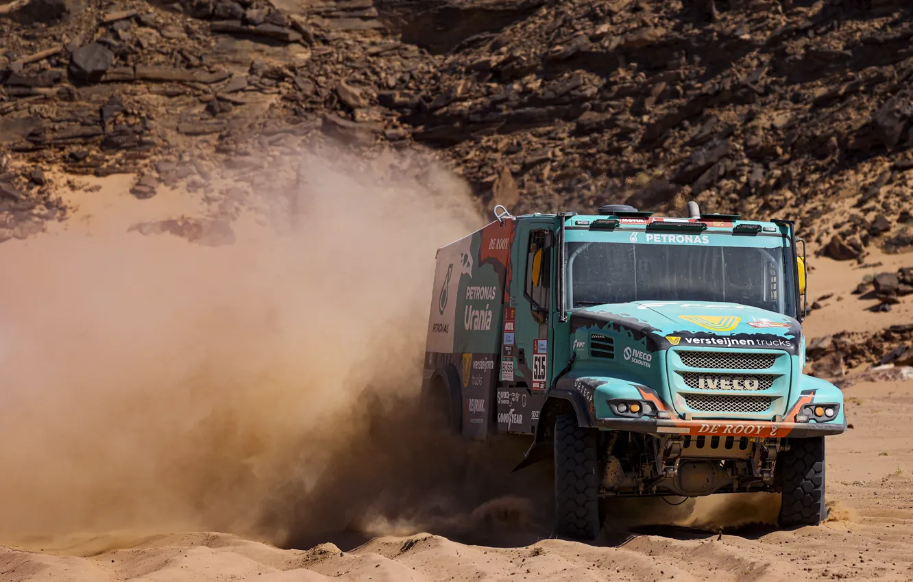 Фото обои Песок, Пыль, Rally, Dakar, Дакар, Ралли, Спереди, Iveco