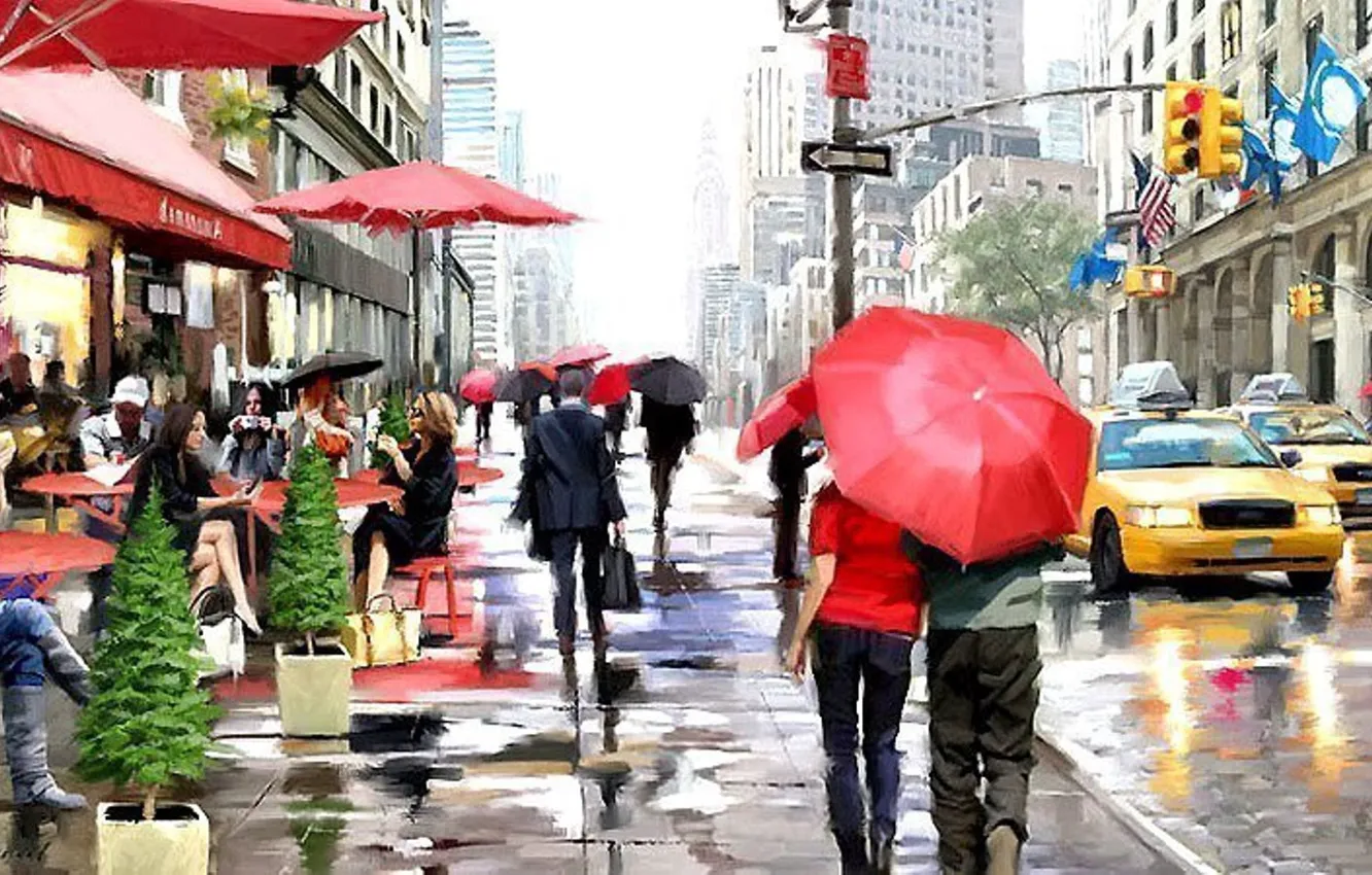 Фото обои дождь, улица, Америка, тротуар, рисование красками, кафешки