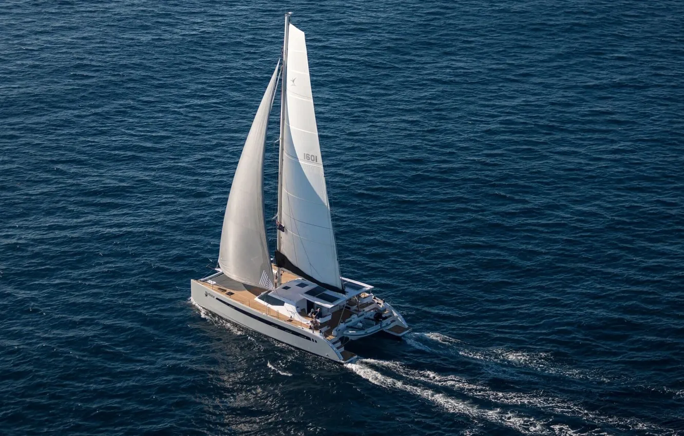 Фото обои море, путь, движение, паруса, вид с высоты, Sport Catamaran, Seawind 1190, спортивный катамаран