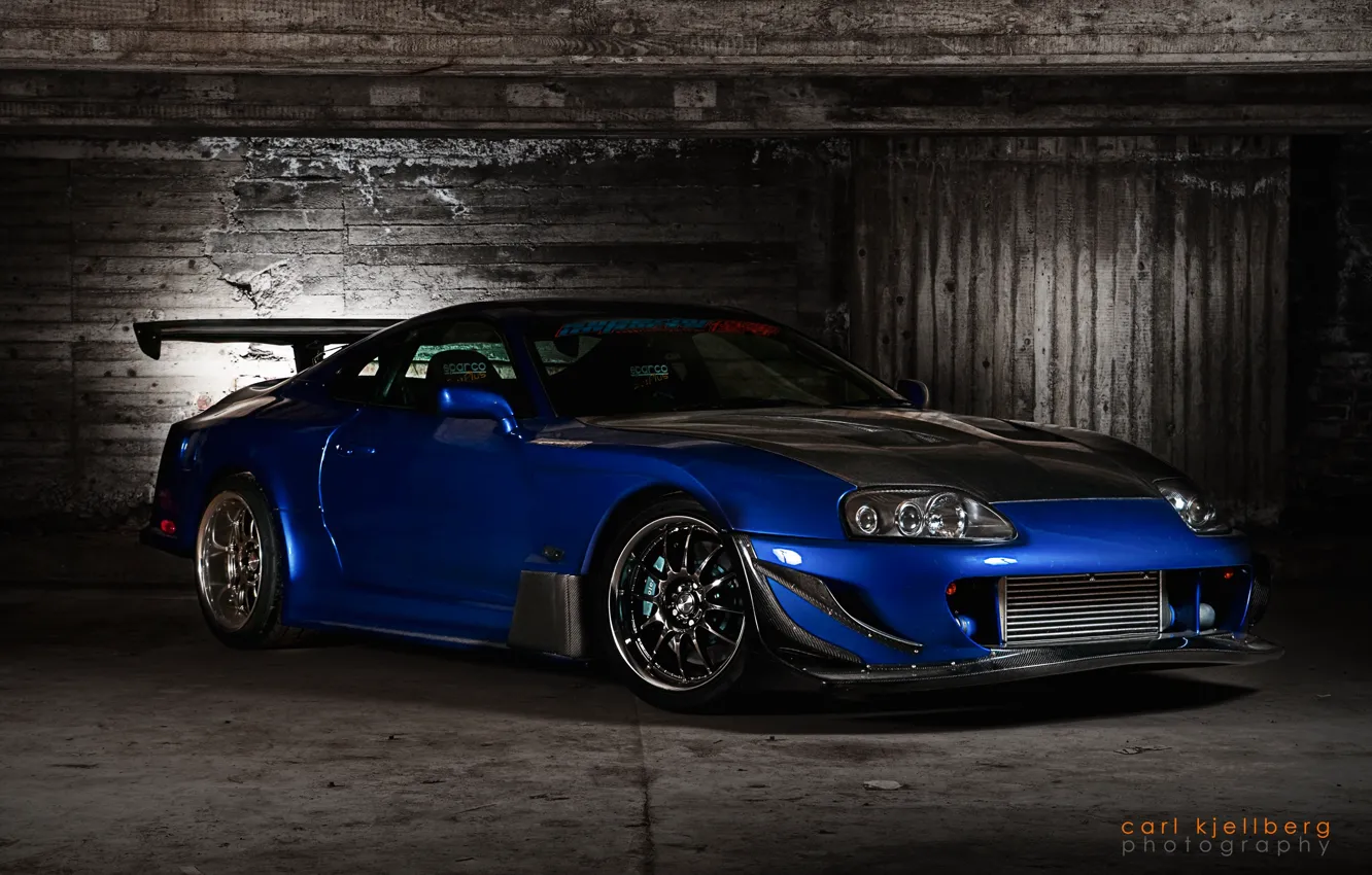 Фото обои синий, тюнинг, спорткар, полумрак, tuning, отличная машина, Toyota Supra, красивый цвет