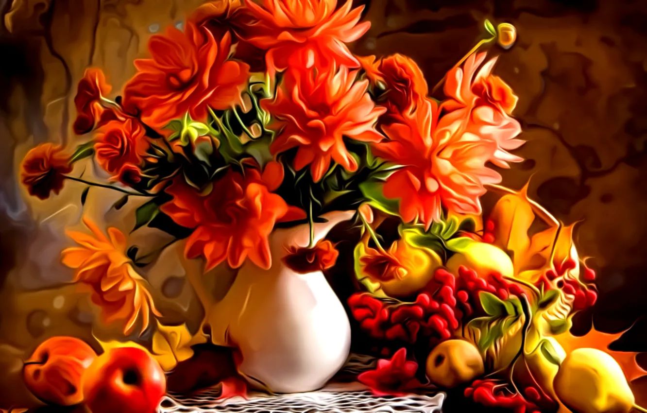 Фото обои листья, цветы, рендеринг, краски, букет, кувшин, фрукты, живопись