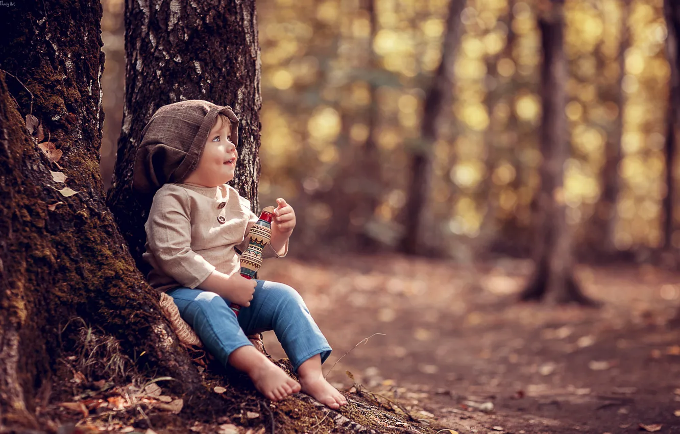 Фото обои осень, деревья, природа, стволы, мальчик, малыш, ребёнок, дудка
