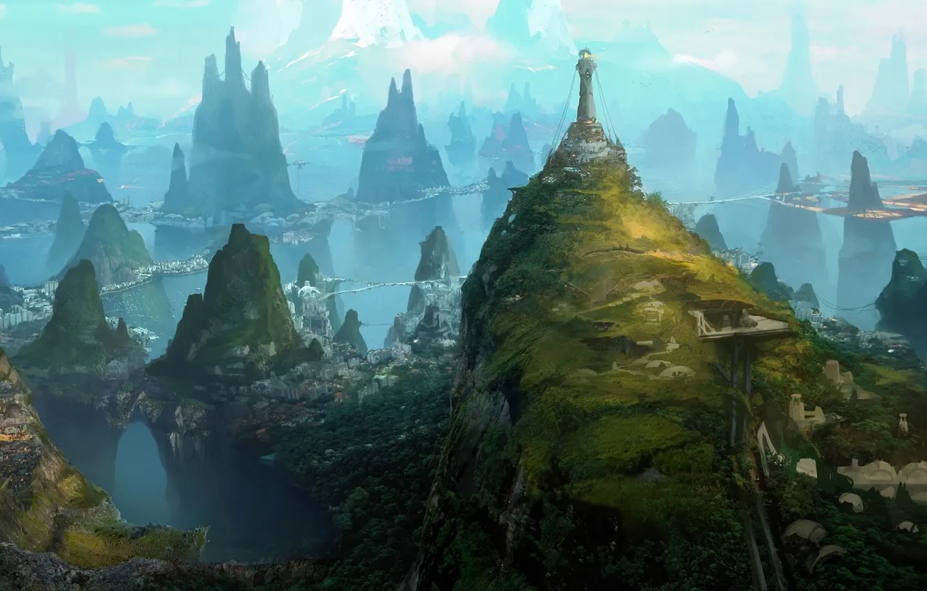 Фото обои зелень, горы, город, скалы, маяк, арт, вид сверху