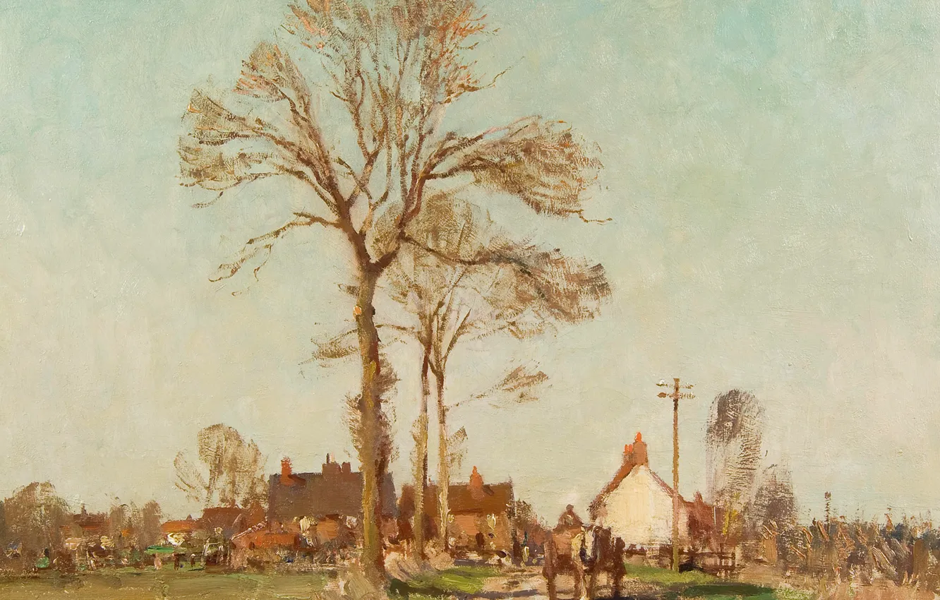 Фото обои дорога, деревья, пейзаж, картина, Эдуард Сиго, Деревня в Суффолке