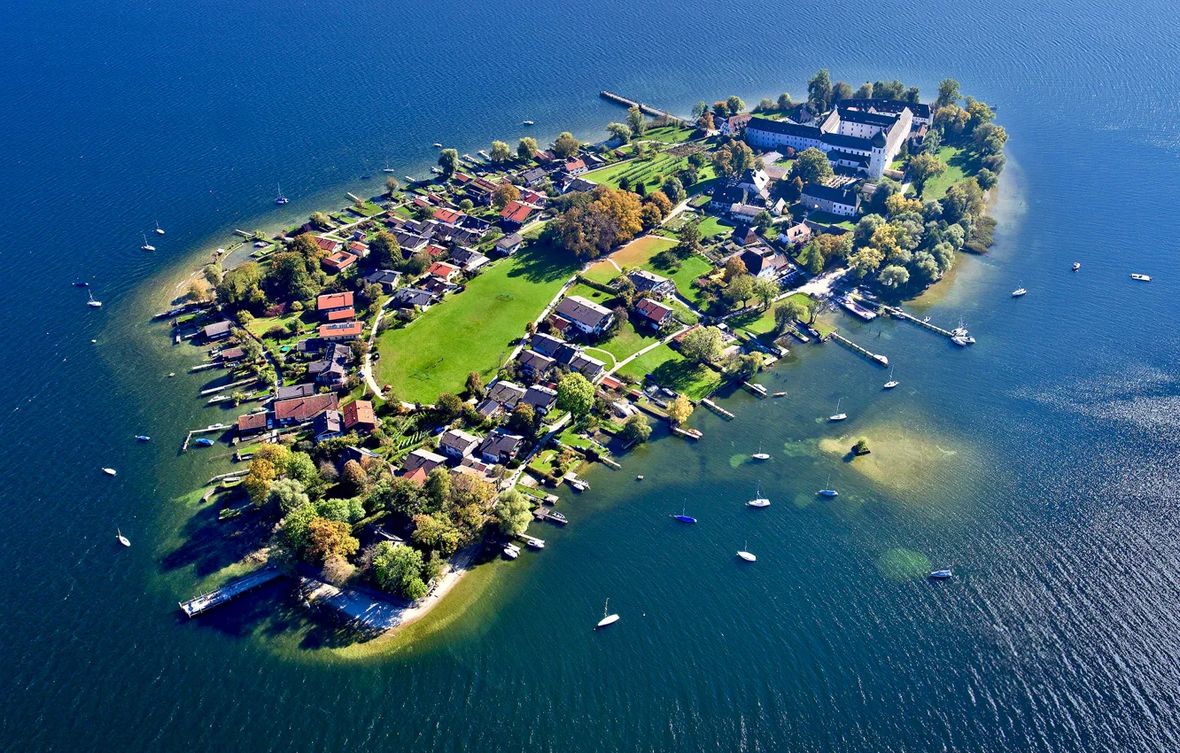 Фото обои озеро, остров, Германия, Бавария, Кимзе, Frauenchiemsee
