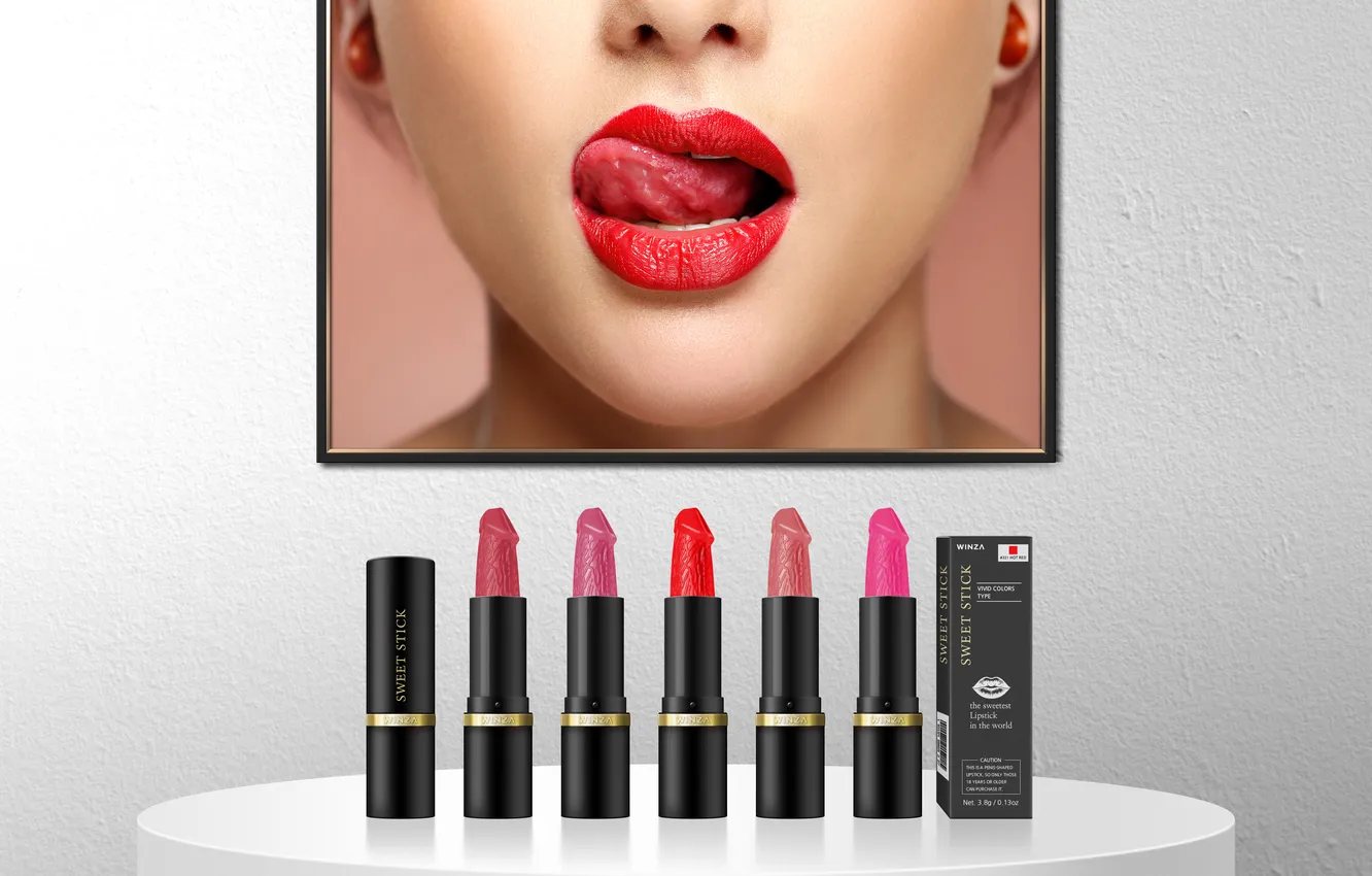Фото обои woman, face, picture, tongue, lipstick, penis, picture frame, penis shaded lipstick