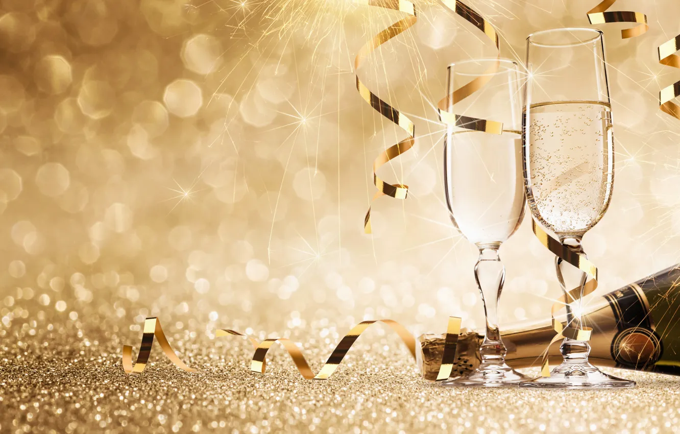 Фото обои бутылка, Новый Год, бокалы, new year, шампанское, happy, fireworks, фужеры