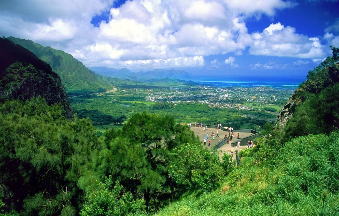 Фото обои зелень, небо, природа, люди, горизонт, Гавайи, sky, Hawaii