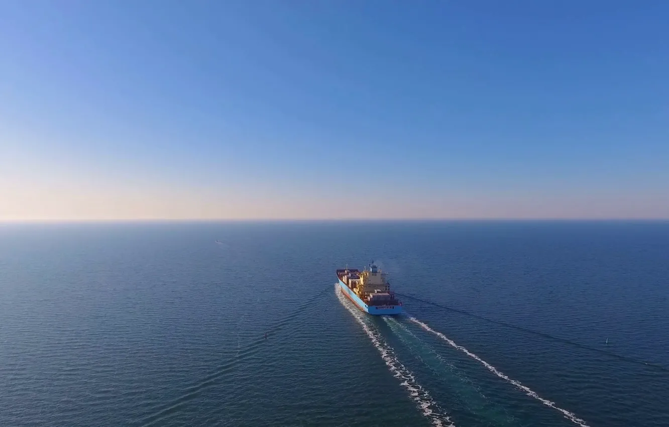 Фото обои aerial view, after loading, container ship, floats in the open ocean