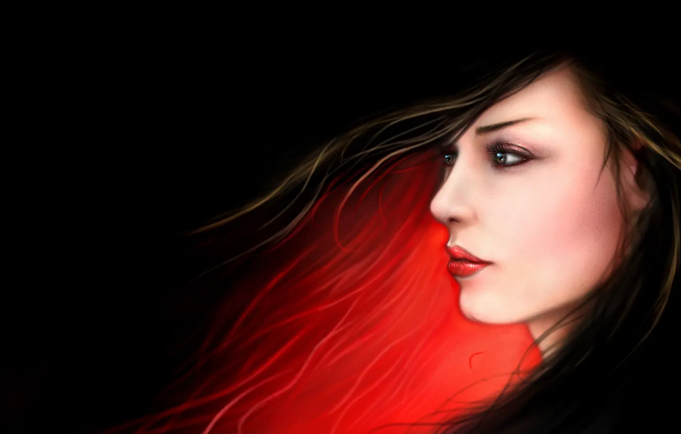 Фото обои девушка, свет, красный, лицо, темный фон, рисунок, арт, профиль