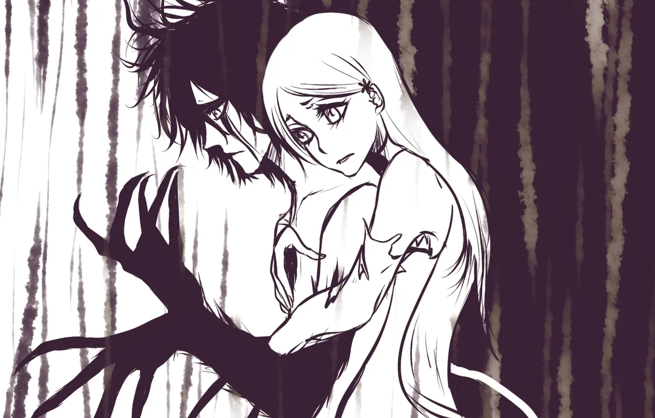 Фото обои девушка, аниме, арт, объятия, парень, bleach, Inoue Orihime, Ulquiorra Schiffer